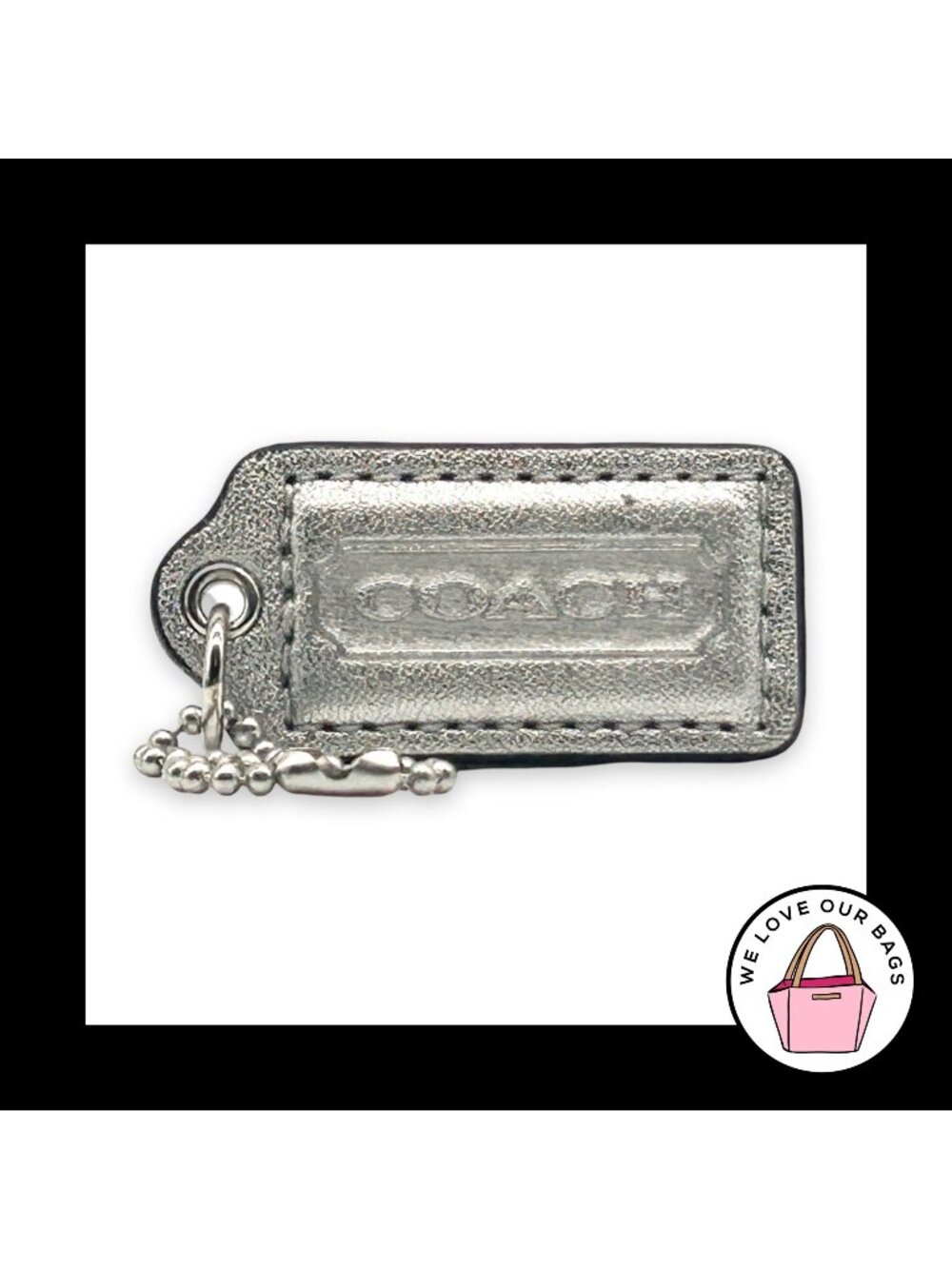 COACH HANG TAG 2" Silver Metallic Leather Bag Charm Keychain Fob Nickel Medium